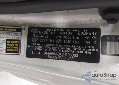 2008 Hyundai Tiburon Gs z USA, uszkodzony, nr VIN KMHHM66DX8U296083